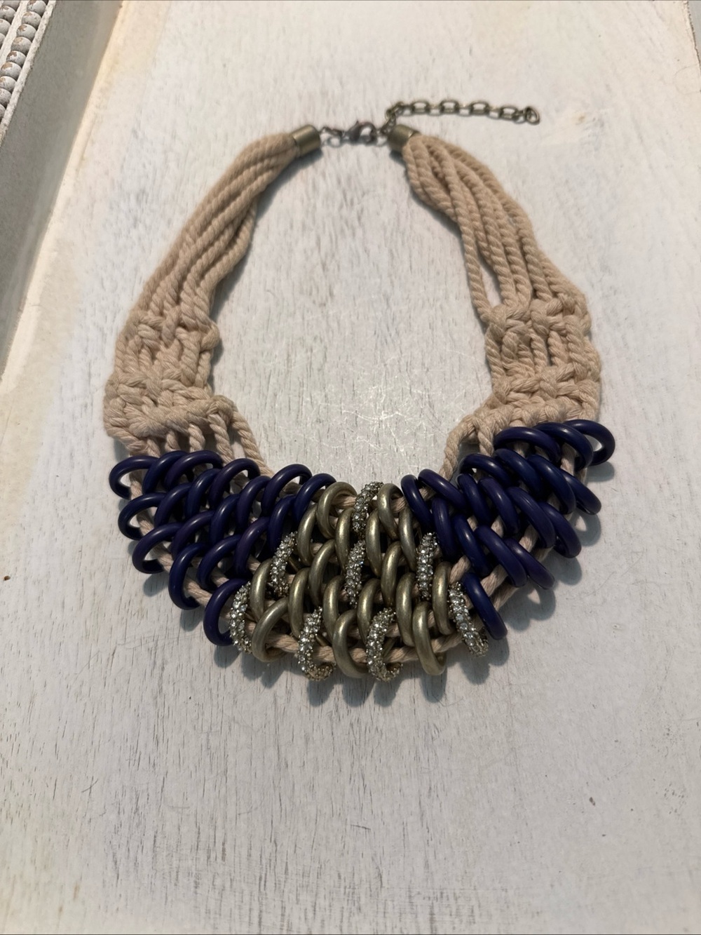 Macrame woven boho collar Necklace Rhinestone Navy & Gold Accent links adj heavy
